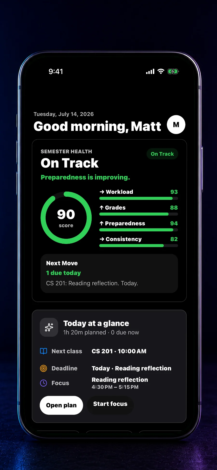 StudyPlanner dark Today dashboard