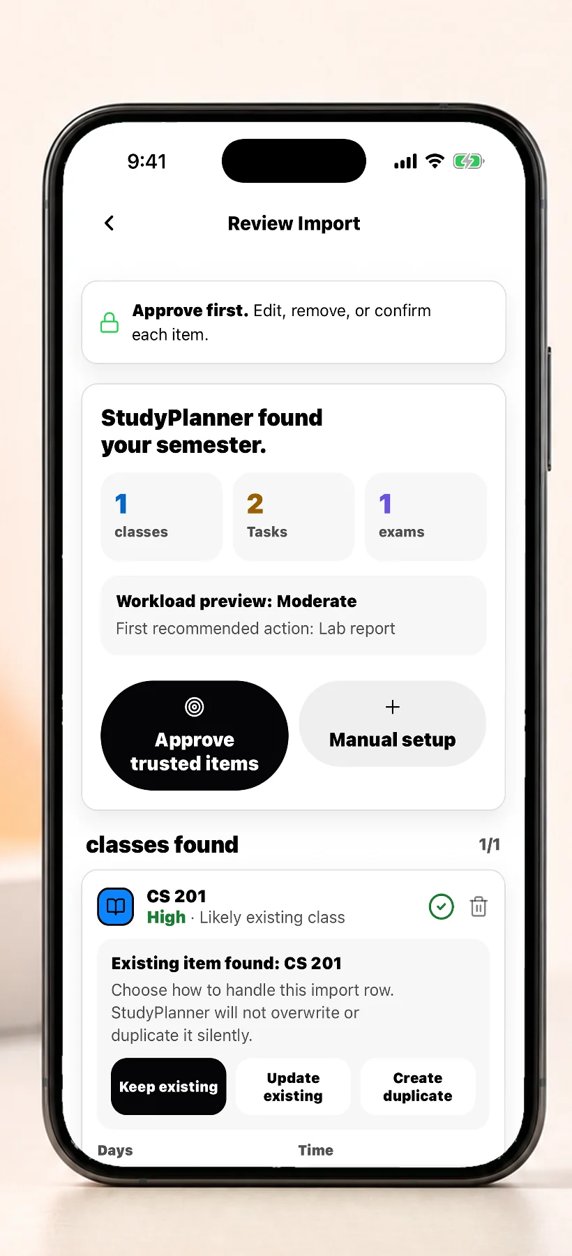 StudyPlanner Review Import screen
