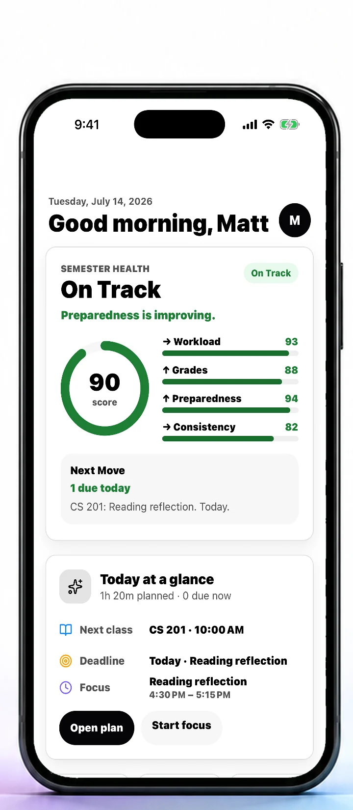 StudyPlanner Today dashboard